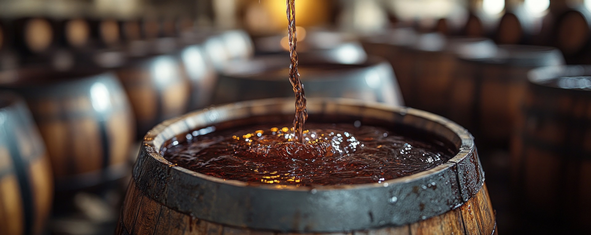 Whiskey being poured into an oak barrel in a warm cellar